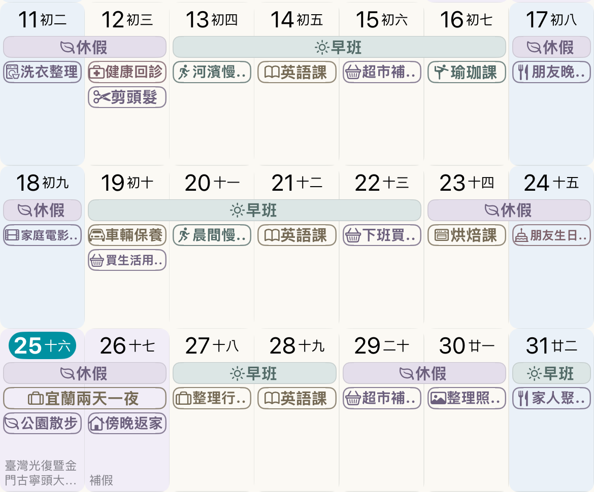 實際月曆局部:每天的班別與生活行程